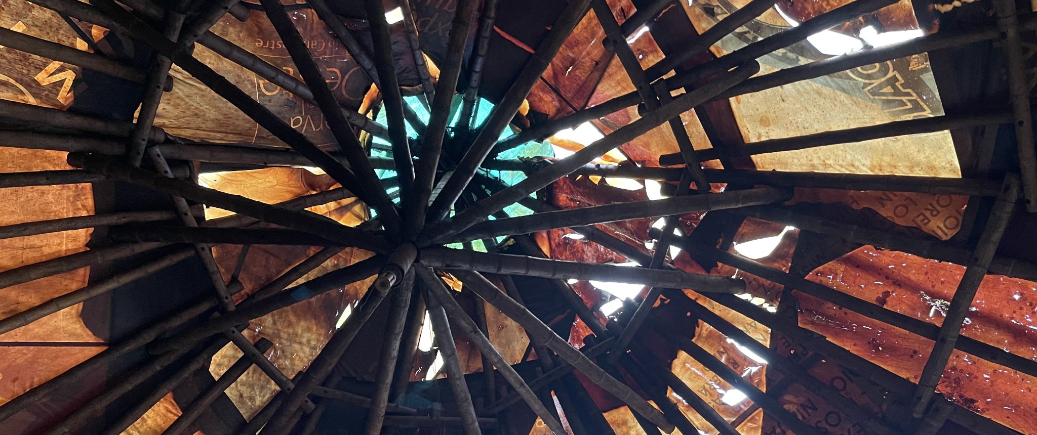 Looking up through the woven bamboo roof of a maloca